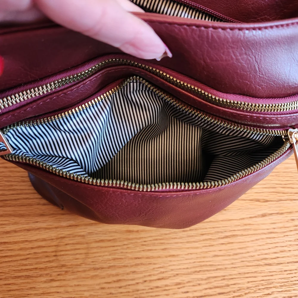 Elegant Burgundy Faux Leather Shoulder Bag Multi Pockets